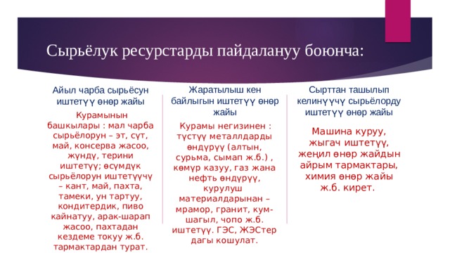 Сырьёлук ресурстарды пайдалануу боюнча: Жаратылыш кен байлыгын иштетүү өнөр жайы Айыл чарба сырьёсун иштетүү өнөр жайы Сырттан ташылып келинүүчү сырьёлорду иштетүү өнөр жайы  Курамынын башкылары : мал чарба сырьёлорун – эт, сүт, май, консерва жасоо, жүндү, терини иштетүү; өсүмдүк сырьёлорун иштетүүчү – кант, май, пахта, тамеки, ун тартуу, кондитердик, пиво кайнатуу, арак-шарап жасоо, пахтадан кездеме токуу ж.б. тармактардан турат.  Курамы негизинен : түстүү металлдарды өндүрүү (алтын, сурьма, сымап ж.б.) , көмүр казуу, газ жана нефть өндүрүү, курулуш материалдарынан – мрамор, гранит, кум-шагыл, чопо ж.б. иштетүү. ГЭС, ЖЭСтер дагы кошулат. Машина куруу, жыгач иштетүү, жеңил өнөр жайдын айрым тармактары, химия өнөр жайы ж.б. кирет. 