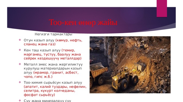 Тоо-кен өнөр жайы Негизги тармактары Отун казып алуу (көмүр, нефть, сланец жана газ) Кен таш казып алуу (темир, марганец, түстүү, баалуу жана сейрек кездешүүчү металлдар) Металл эмес жана жергиликтүү курулуш материалдарын казып алуу (мрамор, гранит, асбест, чопо, гипс ж.б.) Тоо-химия сырьёсун казып алуу (апатит, калий туздары, нефелин, селитра, күкүрт колчеданы, фосфат сырьёсу) Суу жана минералдуу суу 