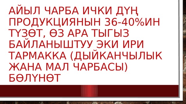 Айыл чарба ички дүң продукциянын 36-40%ин түзөт, өз ара тыгыз байланыштуу эки ири тармакка (дыйканчылык жана мал чарбасы) бөлүнөт 