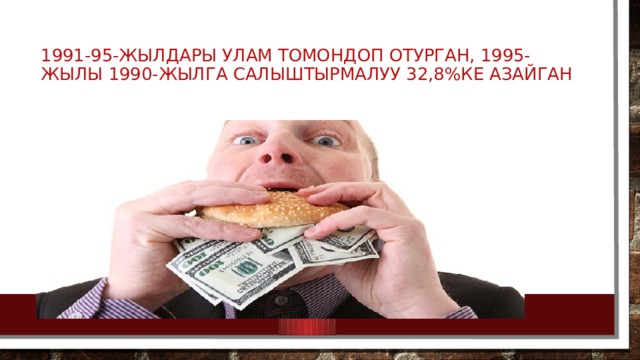 1991-95-жылдары улам томондоп отурган, 1995-жылы 1990-жылга салыштырмалуу 32,8%ке азайган 