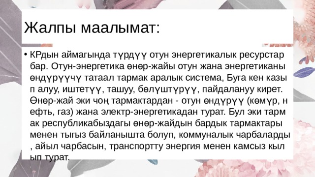 Жалпы маалымат: КРдын аймагында түрдүү отун энергетикалык ресурстар бар. Отун-энергетика өнөр-жайы отун жана энергетиканы өндүрүүчү татаал тармак аралык система, Буга кен казып алуу, иштетүү, ташуу, бөлүштүрүү, пайдалануу кирет. Өнөр-жай эки чоң тармактардан - отун өндүрүү (көмүр, нефть, газ) жана электр-энергетикадан турат. Бул эки тармак республикабыздагы өнөр-жайдын бардык тармактары менен тыгыз байланышта болуп, коммуналык чарбаларды, айыл чарбасын, транспортту энергия менен камсыз кылып турат. 