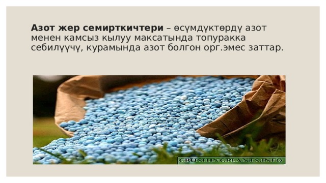 Азот жер семирткичтери  – өсүмдүктөрдү азот менен камсыз кылуу максатында топуракка себилүүчү, курамында азот болгон орг.эмес заттар.  