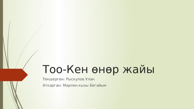Тоо-Кен өнөр жайы Текшерген: Рыскулов Улан Аткарган: Марлен кызы Бегайым 
