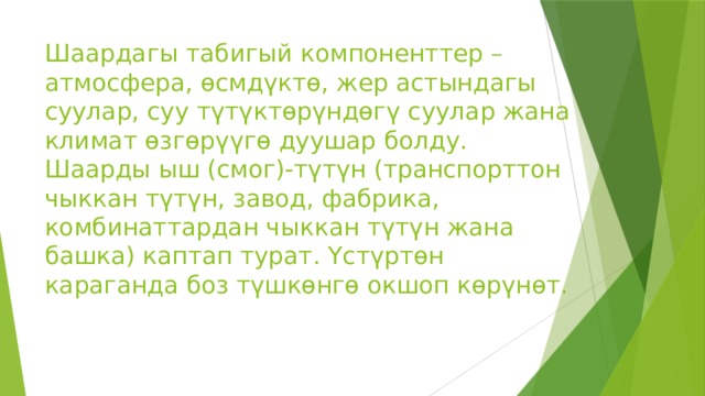Шаардагы табигый компоненттер – атмосфера, өсмдүктө, жер астындагы суулар, суу түтүктөрүндөгү суулар жана климат өзгөрүүгө дуушар болду. Шаарды ыш (смог)-түтүн (транспорттон чыккан түтүн, завод, фабрика, комбинаттардан чыккан түтүн жана башка) каптап турат. Үстүртөн караганда боз түшкөнгө окшоп көрүнөт. 