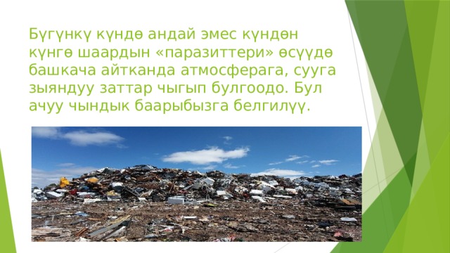 Бүгүнкү күндө андай эмес күндөн күнгө шаардын «паразиттери» өсүүдө башкача айтканда атмосферага, сууга зыяндуу заттар чыгып булгоодо. Бул ачуу чындык баарыбызга белгилүү. 