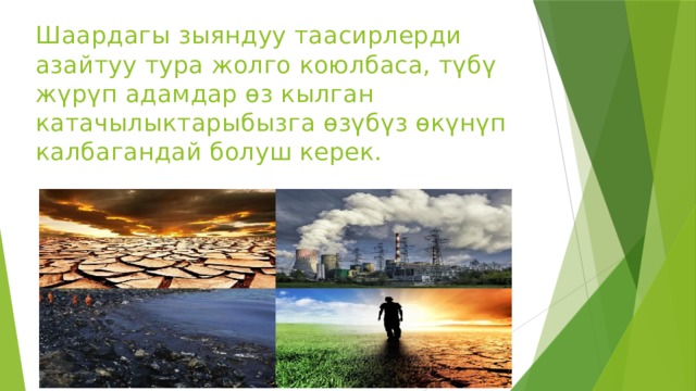 Шаардагы зыяндуу таасирлерди азайтуу тура жолго коюлбаса, түбү жүрүп адамдар өз кылган катачылыктарыбызга өзүбүз өкүнүп калбагандай болуш керек. 