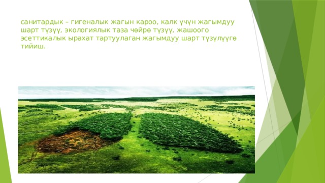санитардык – гигеналык жагын кароо, калк үчүн жагымдуу шарт түзүү, экологиялык таза чөйрө түзүү, жашоого эсеттикалык ырахат тартуулаган жагымдуу шарт түзүлүүгө тийиш. 