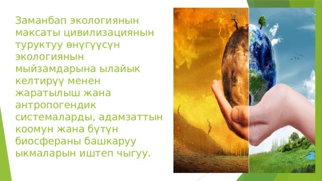Заманбап экологиянын максаты цивилизациянын туруктуу өнүгүүсүн экологиянын мыйзамдарына ылайык келтирүү менен жаратылыш жана антропогендик системаларды, адамзаттын коомун жана бүтүн биосфераны башкаруу ыкмаларын иштеп чыгуу. 