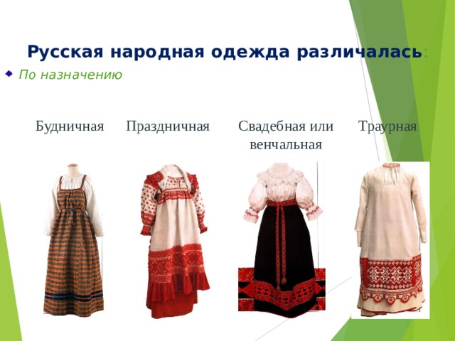 Русская народная одежда различалась : По назначению  Праздничная  Будничная  Свадебная или венчальная Траурная  