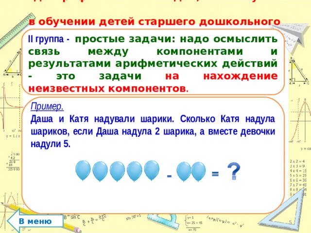 Виды арифметических задач, используемые  в обучении детей старшего дошкольного возраста   II группа - простые задачи: надо осмыслить связь между компонентами и результатами арифметических действий - это задачи на нахождение неизвестных компонентов .  Пример. Даша и Катя надували шарики. Сколько Катя надула шариков, если Даша надула 2 шарика, а вместе девочки надули 5.      В меню  