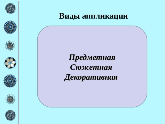 Виды аппликации Предметная Сюжетная Декоративная