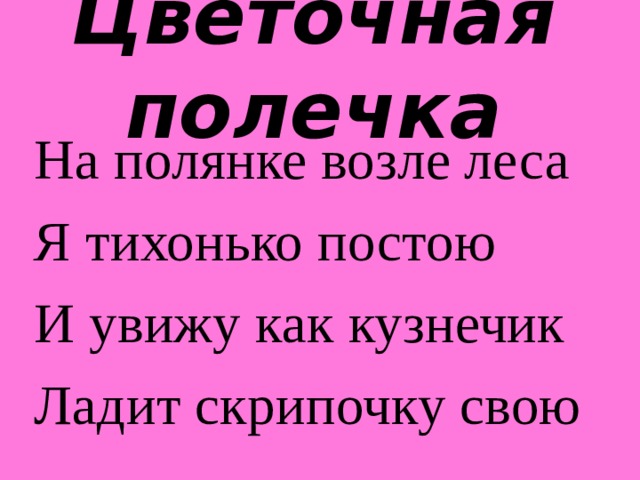 Цветочная полечка На полянке возле леса Я тихонько постою И увижу как кузнечик Ладит скрипочку свою 