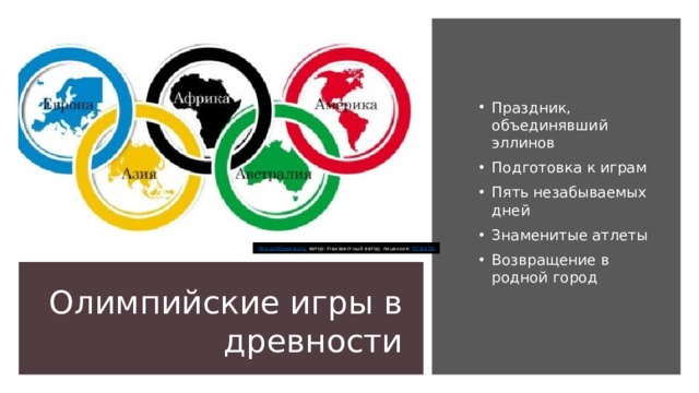 Праздник, объединявший эллинов Подготовка к играм Пять незабываемых дней Знаменитые атлеты Возвращение в родной город Это изображение , автор: Неизвестный автор, лицензия: CC BY-SA Олимпийские игры в древности 