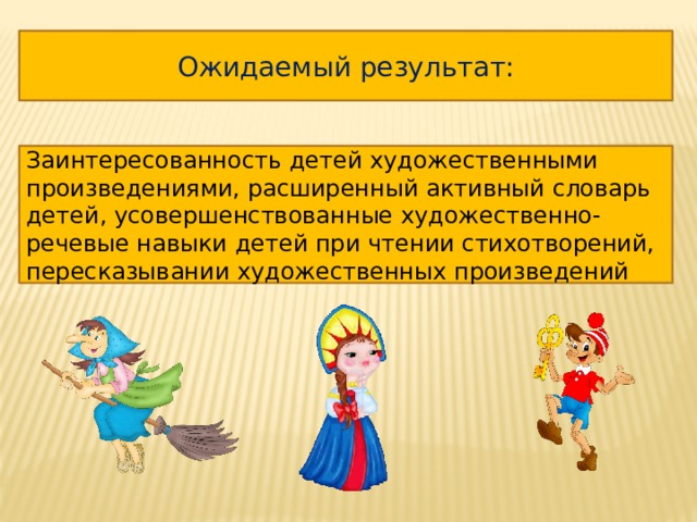 Ожидаемый результат: Заинтересованность детей художественными произведениями, расширенный активный словарь детей, усовершенствованные художественно- речевые навыки детей при чтении стихотворений, пересказывании художественных произведений 