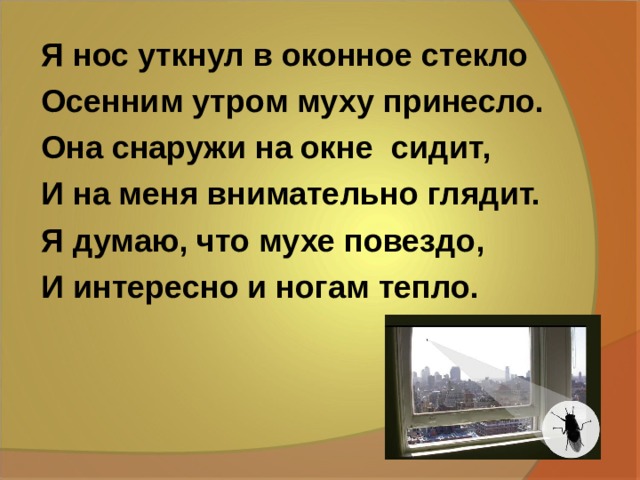 Я нос уткнул в оконное стекло Осенним утром муху принесло. Она снаружи на окне сидит, И на меня внимательно глядит. Я думаю, что мухе повездо, И интересно и ногам тепло. 