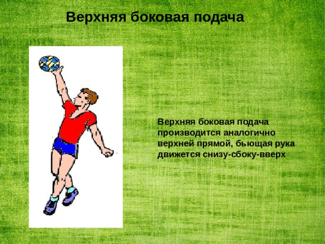 Верхняя боковая подача Верхняя боковая подача производится аналогично верхней прямой, бьющая рука движется снизу-сбоку-вверх 