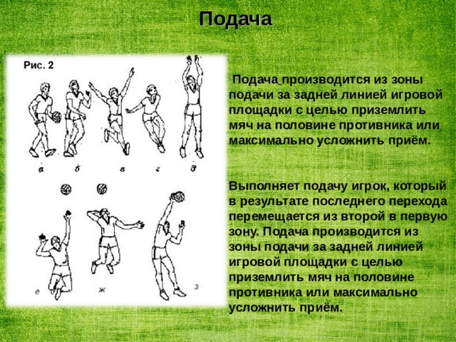 Подача  Подача  производится из зоны подачи за задней линией игровой площадки с целью приземлить мяч на половине противника или максимально усложнить приём.   Выполняет подачу игрок, который в результате последнего перехода перемещается из второй в первую зону. Подача производится из зоны подачи за задней линией игровой площадки с целью приземлить мяч на половине противника или максимально усложнить приём. 