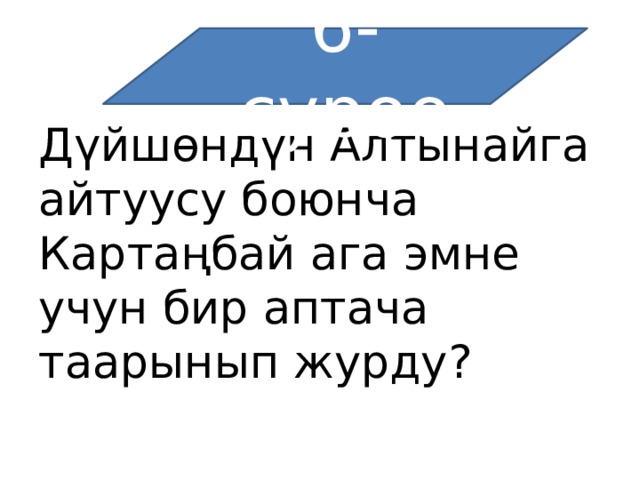 6-суроо Дүйшөндүн Алтынайга айтуусу боюнча Картаңбай ага эмне учун бир аптача таарынып журду? 