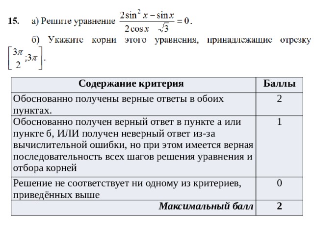 Содержание критерия  Баллы Обоснованно получены верные ответы в обоих пунктах. 2 Обоснованно получен верный ответ в пункте а или пункте б, ИЛИ получен неверный ответ из-за вычислительной ошибки, но при этом имеется верная последовательность всех шагов решения уравнения и отбора корней 1 Решение не соответствует ни одному из критериев, приведённых выше 0 Максимальный балл 2 