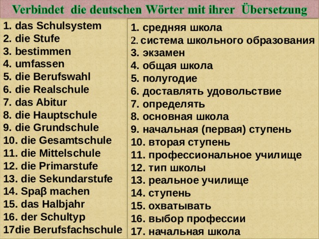 1 . das Schulsystem 2. die Stufe 3. bestimmen 4. umfassen 5. die Berufswahl 6. die Realschule 7. das Abitur 8. die Hauptschule 9. die Grundschule 10. die Gesamtschule 11. die Mittelschule 12. die Primarstufe 13. die Sekundarstufe 14. Spa β machen 15. das Halbjahr 16. der Schultyp 17die Berufsfachschule 1. средняя школа 2 . c истема школьного образования 3. экзамен 4. общая школа 5. полугодие 6. доставлять удовольствие 7. определять 8. основная школа 9. начальная (первая) ступень 10. вторая ступень 11. профессиональное училище 12. тип школы 13. реальное училище 14. ступень 15. охватывать 16. выбор профессии 17. начальная школа 
