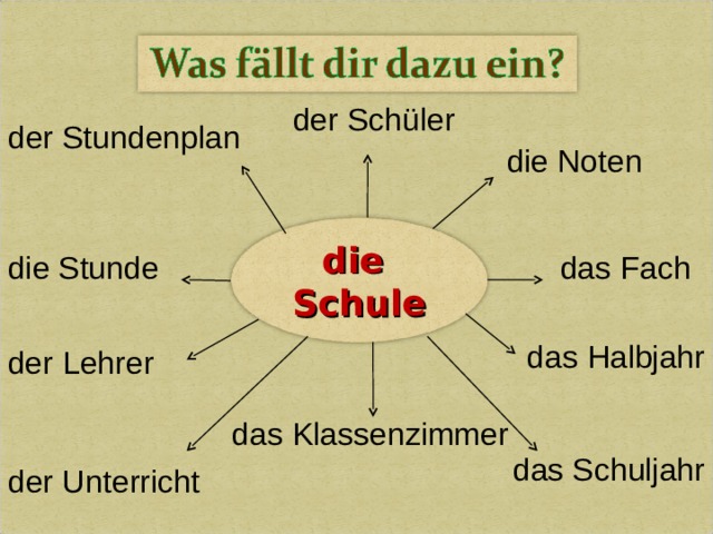 der Schüler der Stundenplan die Noten die Schule die Stunde das Fach das Halbjahr der Lehrer das Klassenzimmer das Schuljahr der Unterricht 