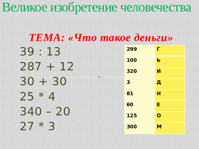 Великое изобретение человечества ТЕМА: «Что такое деньги»  39 : 13  287 + 12  30 + 30  25 * 4  340 – 20  27 * 3 299 Г 100 Ь 320 И 3 Д 81 Н 60 Е 125 О 300 М 