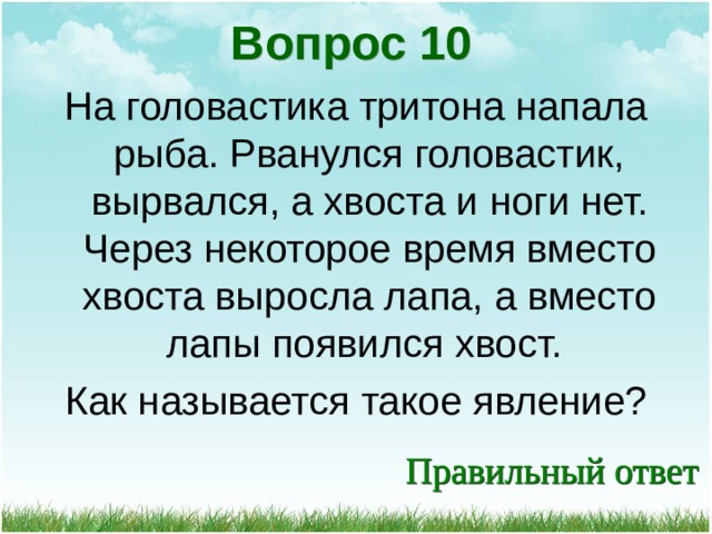 Вопрос 10 На головастика тритона напала рыба. Рванулся головастик, вырвался, а хвоста и ноги нет. Через некоторое время вместо хвоста выросла лапа, а вместо лапы появился хвост. Как называется такое явление? 