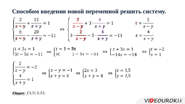 Способом введения новой переменной решить систему.                                                 Ответ: .   