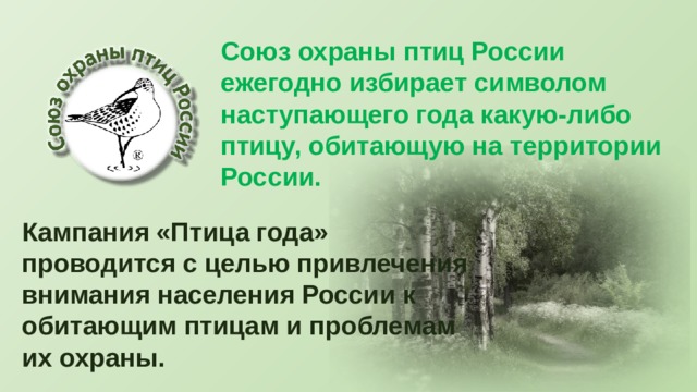 Союз охраны птиц России ежегодно избирает символом наступающего года какую-либо птицу, обитающую на территории России. Кампания «Птица года» проводится с целью привлечения внимания населения России к обитающим птицам и проблемам их охраны. 