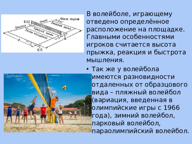 В волейболе, играющему отведено определённое расположение на площадке. Главными особенностями игроков считается высота прыжка, реакция и быстрота мышления. Так же у волейбола имеются разновидности отдаленных от образцового вида – пляжный волейбол (вариация, введенная в олимпийские игры с 1966 года), зимний волейбол, парковый волейбол, параолимпийский волейбол. 