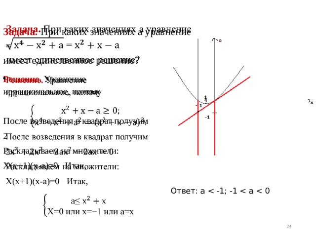 Задача. При каких значениях а уравнение  =  имеет единственное решение?   Решение. Уравнение  иррациональное, поэтому   После возведения в квадрат получим 2 Раскладываем на множители: Х(х+1)(х-а)=0 Итак, Ответ: a 19 