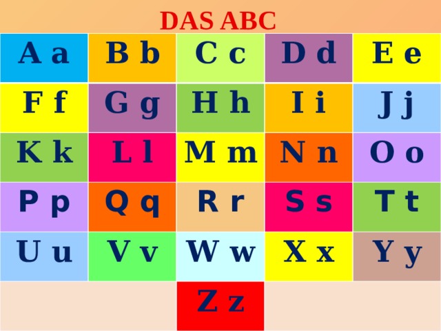DAS ABC A a F f B b G g K k C c H h L l D d P p E e I i M m Q q U u J j V v N n R r W w O o S s T t X x Z z Y y 