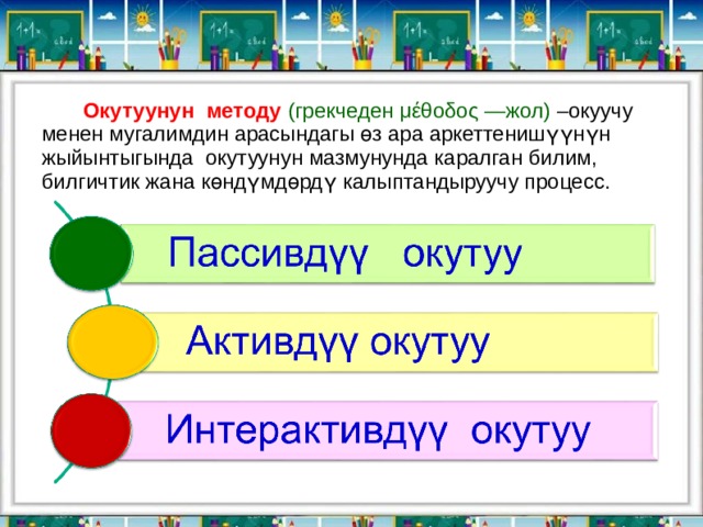  Окутуунун методу  (грекчеден μέθοδος —жол) –окуучу менен мугалимдин арасындагы өз ара аркеттенишүүнүн жыйынтыгында окутуунун мазмунунда каралган билим, билгичтик жана көндүмдөрдү калыптандыруучу процесс. 
