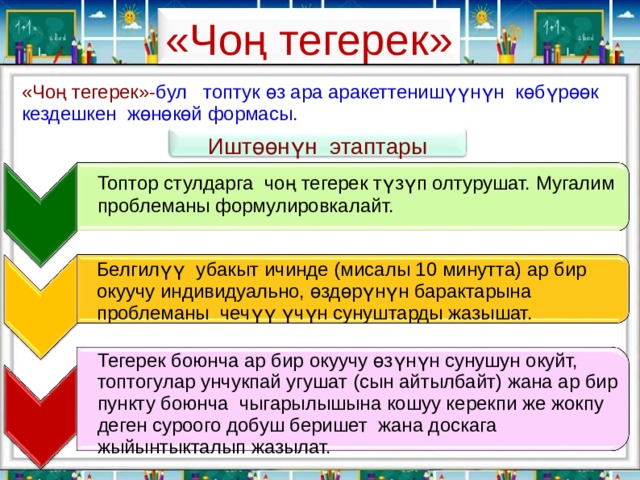 «Чоң тегерек» «Чоң тегерек»- бул топтук өз ара аракеттенишүүнүн көбүрөөк кездешкен жөнөкөй формасы. Иштөөнүн этаптары Топтор стулдарга чо ң тегерек түзүп олтурушат. Мугалим проблеманы формулировкалайт. Белгилүү убакыт ичинде (мисалы 10 минутта) ар бир окуучу индивидуально, өздөрүнүн барактарына проблеманы чечүү үчүн сунуштарды жазышат. Тегерек боюнча ар бир окуучу өзүнүн сунушун окуйт, топтогулар унчукпай угушат (сын айтылбайт) жана ар бир пункту боюнча чыгарылышына кошуу керекпи же жокпу деген суроого добуш беришет жана доскага жыйынтыкталып жазылат. 
