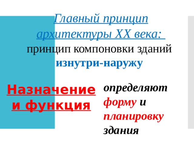 Главный принцип архитектуры XX века: принцип компоновки зданий изнутри-наружу  определяют форму и планировку здания Назначение и функция 