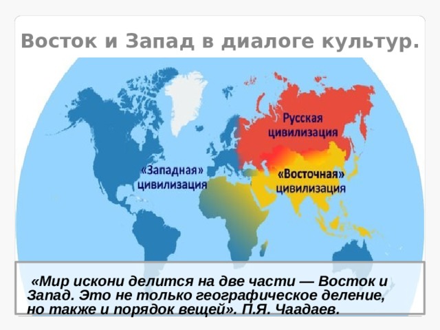 Восток и Запад в диалоге культур.  «Мир искони делится на две части — Восток и Запад. Это не только географическое деление, но также и порядок вещей». П.Я. Чаадаев. 