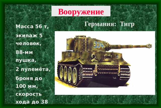 Вооружение  Масса 56 т, экипаж 5 человек, 88-мм пушка, 2 пулемёта, броня до 100 мм, скорость хода до 38 км/ч. Германия: Тигр 