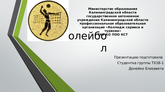 Министерство образования Калининградской области государственное автономное учреждение Калининградской области профессиональная образовательная организация «Колледж сервиса и туризма» ГАУ КО ПОО КСТ Волейбол Презентацию подготовила Студентка группы ТХ18-1 Донейко Елизавета 