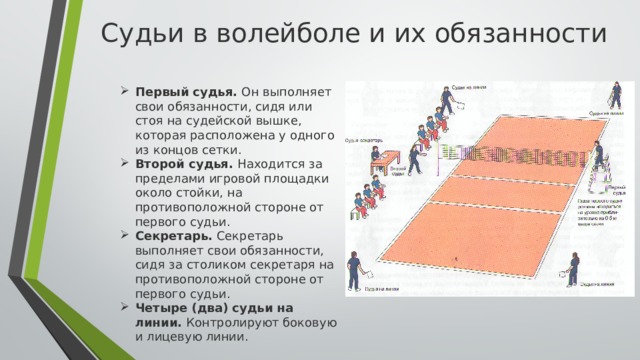 Судьи в волейболе и их обязанности  Первый судья. Он выполняет свои обязанности, сидя или стоя на судейской вышке, которая расположена у одного из концов сетки. Второй судья. Находится за пределами игровой площадки около стойки, на противоположной стороне от первого судьи. Секретарь. Секретарь выполняет свои обязанности, сидя за столиком секретаря на противоположной стороне от первого судьи. Четыре (два) судьи на линии. Контролируют боковую и лицевую линии.  