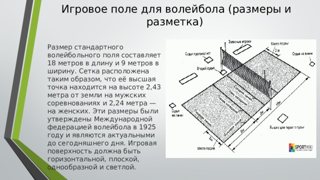 Игровое поле для волейбола (размеры и разметка)  Размер стандартного волейбольного поля составляет 18 метров в длину и 9 метров в ширину. Сетка расположена таким образом, что её высшая точка находится на высоте 2,43 метра от земли на мужских соревнованиях и 2,24 метра — на женских. Эти размеры были утверждены Международной федерацией волейбола в 1925 году и являются актуальными до сегодняшнего дня. Игровая поверхность должна быть горизонтальной, плоской, однообразной и светлой.  