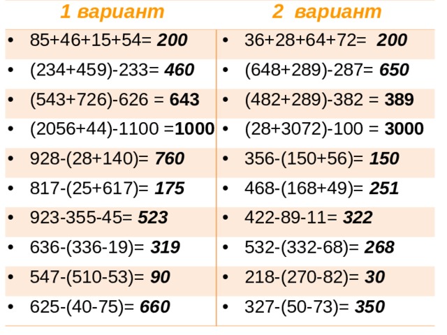 1 вариант 2 вариант 85+46+15+54=  200 36+28+64+72=  2 00 (234+459)-233=  460 (648+289)-287=  650 (543+726)-626 = 643 (482+289)-382 = 389 (2056+44)-1100 = 1 0 00 (28+3072)-100 = 3000 928-(28+140)=  760 817-(25+617)=  175 356-(150+56)=  150 468-(168+49)=  2 51 923-355-45=  523 636-(336-19)=  319 422-89-11=  322 547-(510-53)=  90 532-(332-68)=  268 625-(40-75)=  660 218-(270-82)=  30 327-(50-73)=  350 