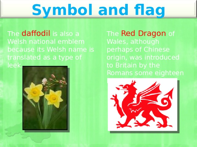 Symbol and flag The daffodil is also a Welsh national emblem because its Welsh name is translated as a type of leek. The Red Dragon of Wales, although perhaps of Chinese origin, was introduced to Britain by the Romans some eighteen hundred years ago 