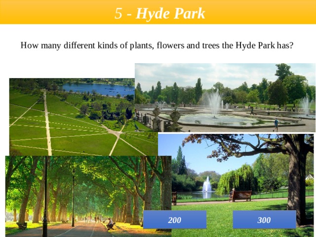  5 - Hyde Park  How many different kinds of plants, flowers and trees the Hyde Park has? 300 200 