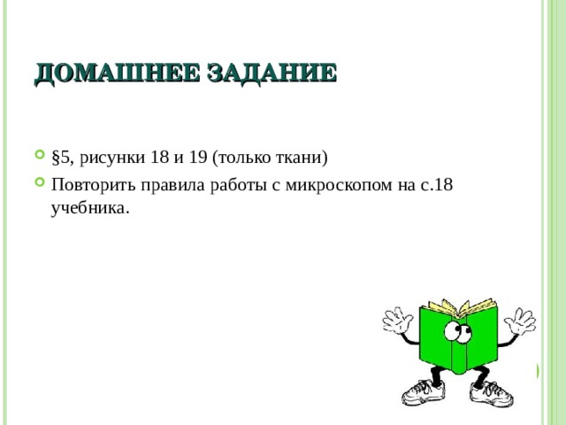 ДОМАШНЕЕ ЗАДАНИЕ §5, рисунки 18 и 19 (только ткани) Повторить правила работы с микроскопом на с.18 учебника.  