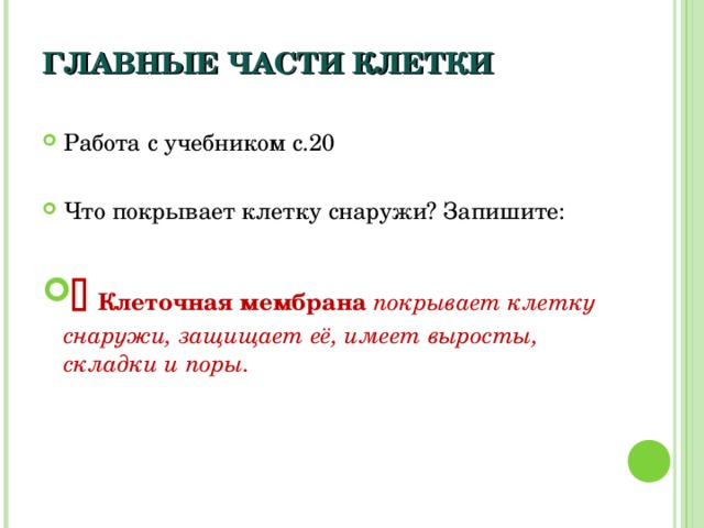 ГЛАВНЫЕ ЧАСТИ КЛЕТКИ Работа с учебником с.20  Что покрывает клетку снаружи? Запишите:    Клеточная мембрана покрывает клетку снаружи, защищает её, имеет выросты, складки и поры. 