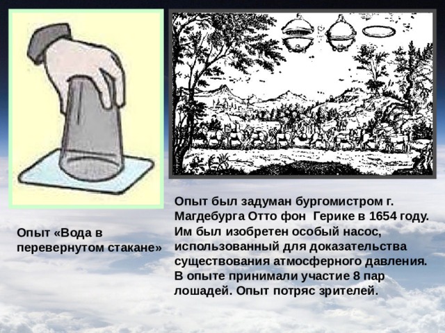 Опыт был задуман бургомистром г. Магдебурга Отто фон  Герике в 1654 году. Им был изобретен особый насос, использованный для доказательства существования атмосферного давления. В опыте принимали участие 8 пар лошадей. Опыт потряс зрителей. Опыт «Вода в перевернутом стакане» 