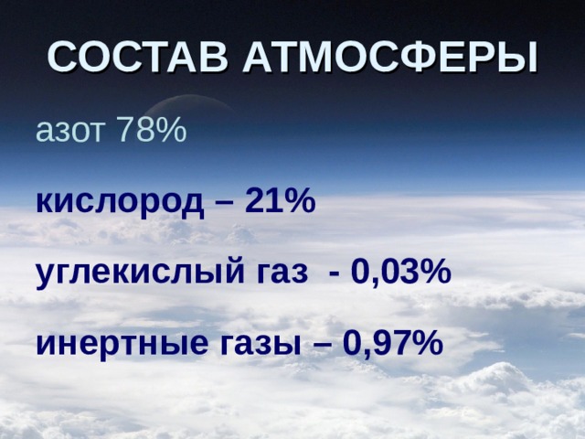 СОСТАВ АТМОСФЕРЫ азот 78% кислород – 21%  углекислый газ - 0,03%  инертные газы – 0,97%  