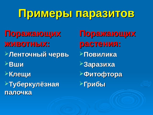 Примеры паразитов Поражающих животных: Поражающих растения: Ленточный червь Вши Клещи Туберкулёзная палочка Повилика Заразиха Фитофтора Грибы 