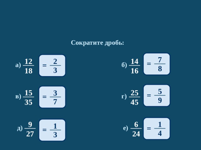 Сократите дробь: 7 14 12 2 = б)  а)  = 8 3 18 16 5 25 15 3 = г)  = в)  9 7 35 45 9 6 1 1 = е)  д)  = 4 27 24 3 