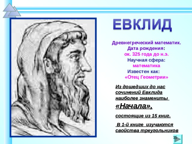 Древнегреческий математик. Дата рождения :  ок. 325 года до н.э. Научная сфера:  математика Известен как:  «Отец Геометрии»   Из дошедших до нас сочинений Евклида наиболее знамениты «Начала», состоящие из 15 книг.  В 1-й книге изучаются свойства треугольников 15 15 